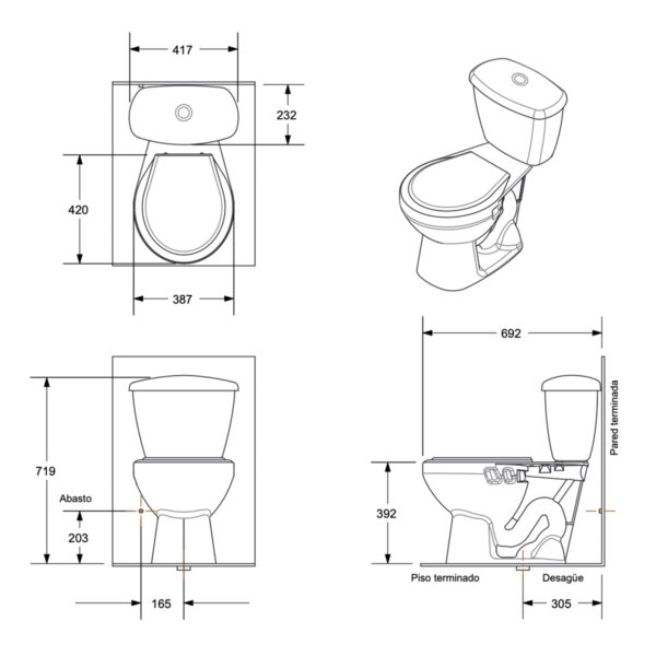 A51. COMBO DE BAÑO ANDINO BLANCO SIN PEDESTAL COMERCIAL DE OCHO PIEZAS