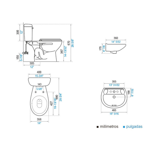 B8. COMBO DE BAÑO MILAN EVOLUCION ROMA BLANCO SIN PEDESTAL DE OCHO PIEZAS