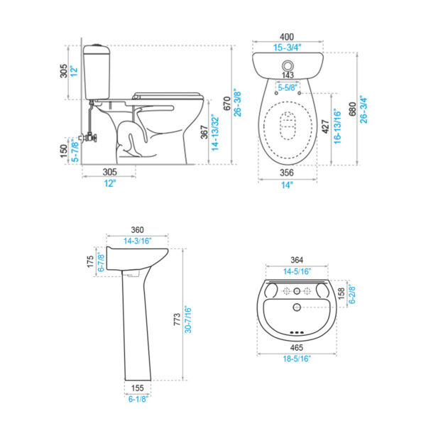 B24. COMBO DE BAÑO MILAN EVOLUCION ROMA BONE CON PEDESTAL DE NUEVE PIEZAS